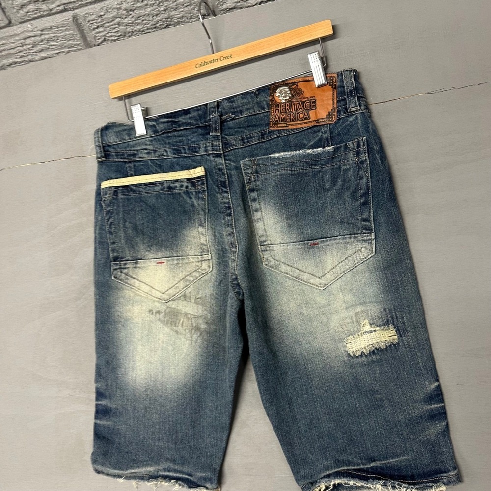 Heritage America Distressed Ripped Blue Denim Jean‎ Shorts Men's W34